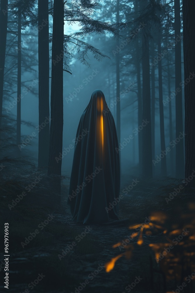 Ghost figure in a white sheet emerging from a mysterious, eerie forest Ghost figure in a white sheet emerging from a mysterious, eerie forest