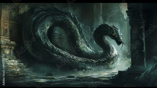 Myth of the basilisk a deadly serpent with a petrifying gaze ancient european folklore shadowy lair crumbling statues intense and dangerous atmosphere. Basilisk. Illustration