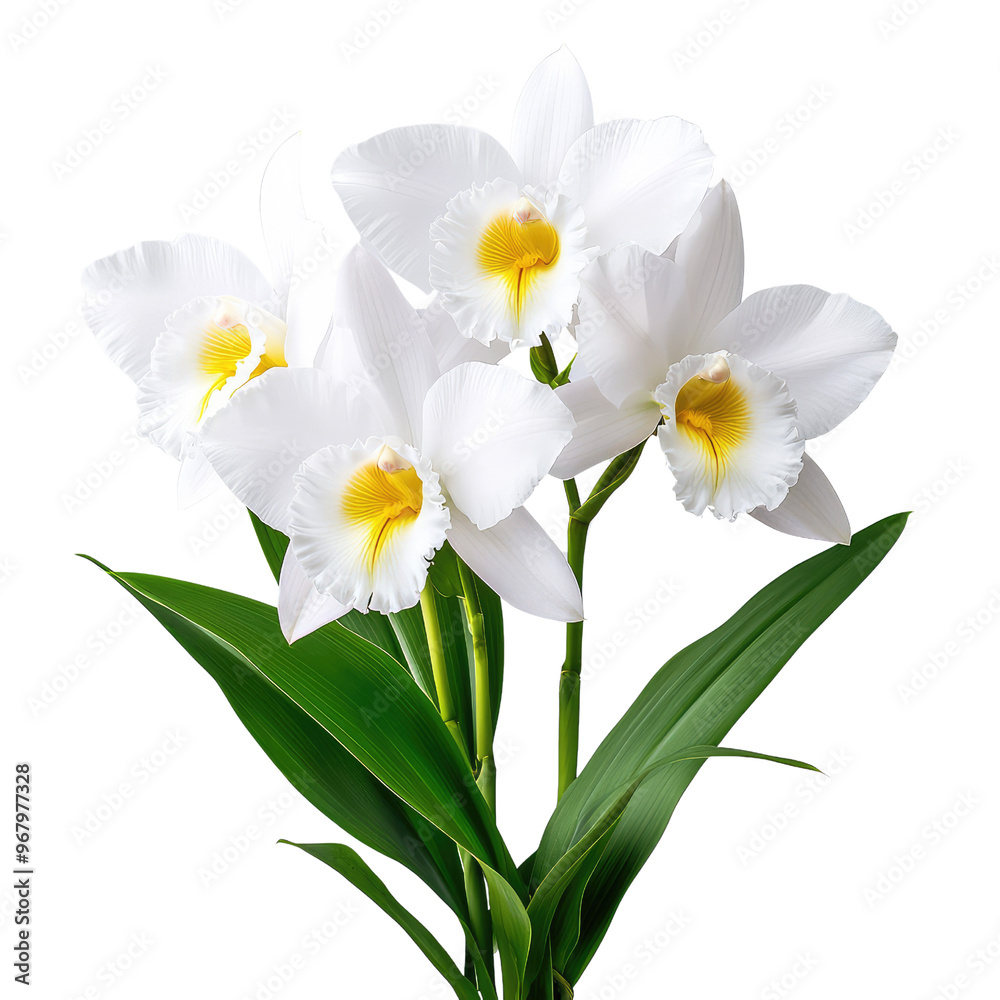 Fototapeta premium Beautiful white orchid flowers with vibrant yellow centers, perfect for decoration and floral arrangements.