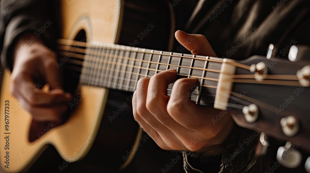 Hands pressing chords on the fretboard of an acoustic guitar, with a close-up focus on the talent and passion of the musician Hands pressing chords on the fretboard of an acoustic guitar, with a close-up focus on the talent and passion of the musician