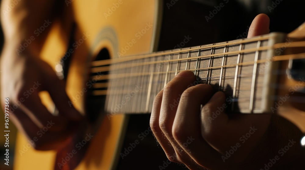 Fototapeta premium Hands strumming an acoustic guitar, with a close-up focus on the intricate finger movements and musical expression