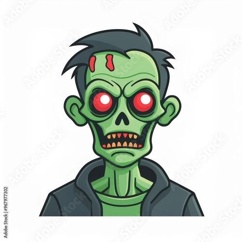 Cartoon Zombie Character with Glowing Red Eyes, Green Decayed Skin, Exposed Yellow Teeth, and Black Hoodie. Vector Icon Illustration of Undead Horror Halloween Figure in Minimalist Style