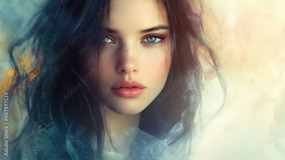 Close-up Portrait of a Woman with Blue Eyes and Freckles Close-up Portrait of a Woman with Blue Eyes and Freckles