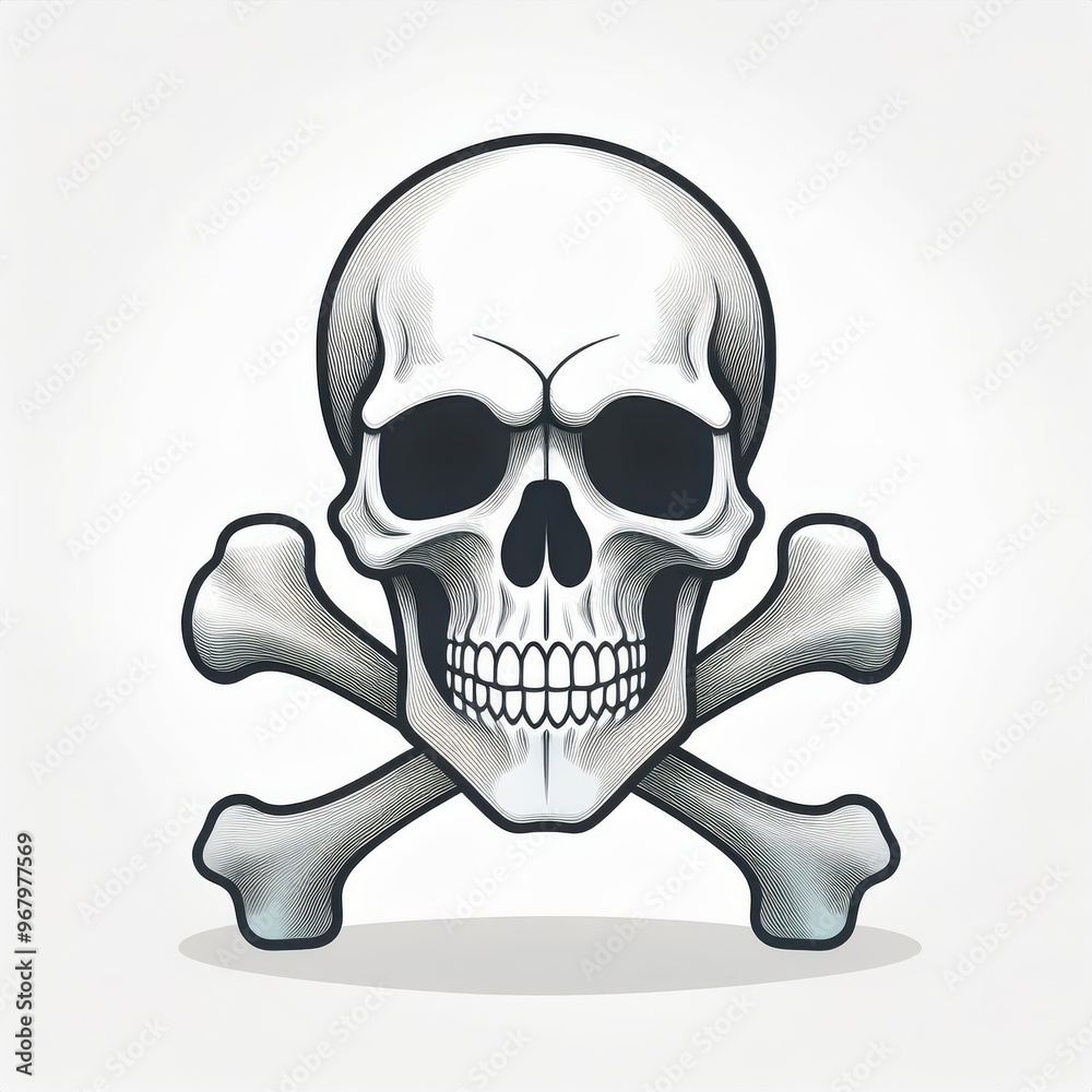 Fototapeta premium Monochrome Skull and Crossbones Illustration. Bold VintagebInspired Line Art Vector Icon Symbolizing Danger, Death, or Piracy in Classic Tattoo and Pirate Aesthetic, Halloween Night White Background
