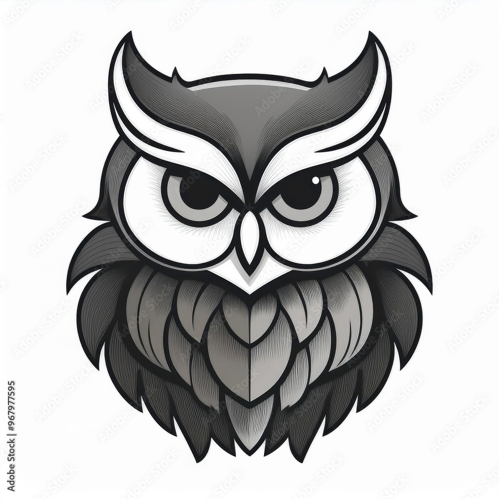 Minimalist Gray Cartoon Owl Mascot with Large Expressive Eyes and Stylized Feathers, Featuring Bold Black and White Color Scheme on a Clean White Backgroun. Perfect for Logos, Icons Halloween Design Minimalist Gray Cartoon Owl Mascot with Large Expressive Eyes and Stylized Feathers, Featuring Bold Black and White Color Scheme on a Clean White Backgroun. Perfect for Logos, Icons Halloween Design