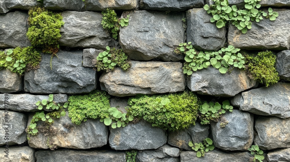Stone wall with lush green moss and small plants Stone wall with lush green moss and small plants