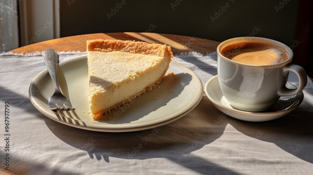 Enjoying a slice of cheesecake with coffee on a sunny morning at a cozy café table Enjoying a slice of cheesecake with coffee on a sunny morning at a cozy café table
