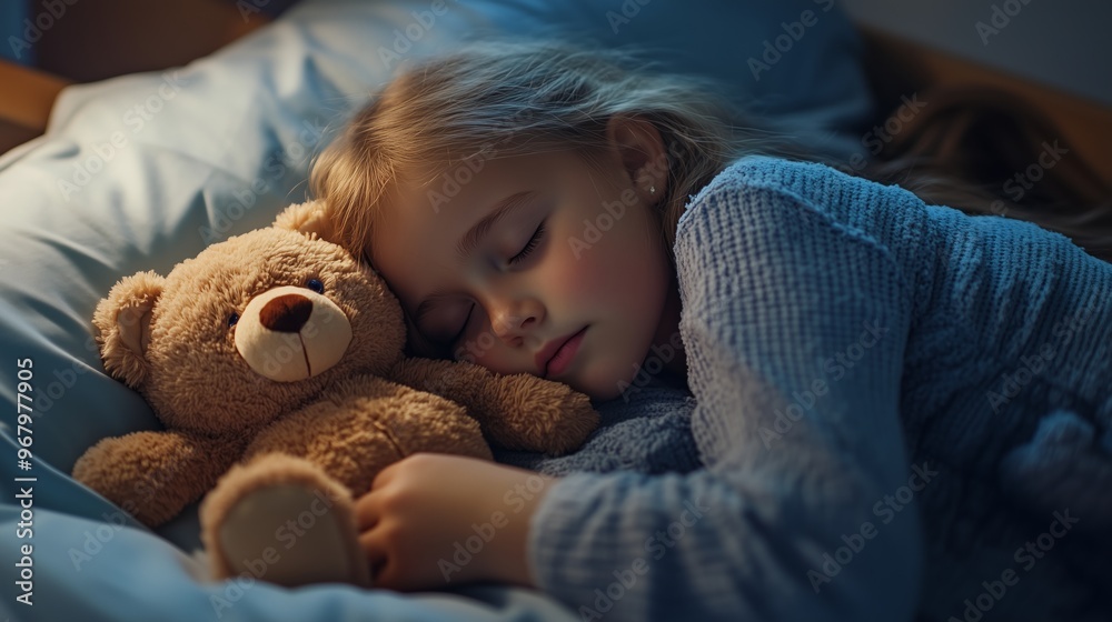 A young child peacefully sleeping in bed with a teddy bear during a cozy nighttime moment at home A young child peacefully sleeping in bed with a teddy bear during a cozy nighttime moment at home