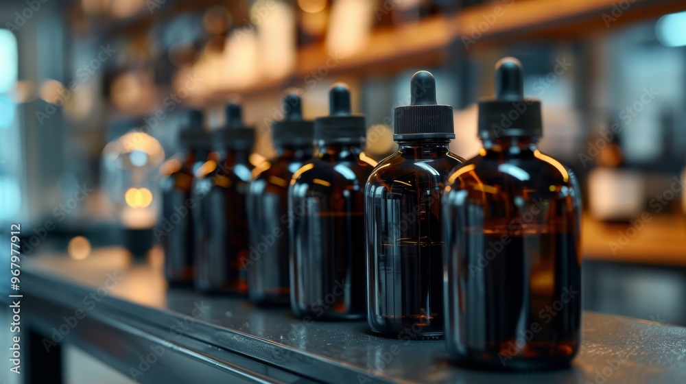 Amber glass dropper bottles on a shelf. Amber glass dropper bottles on a shelf.