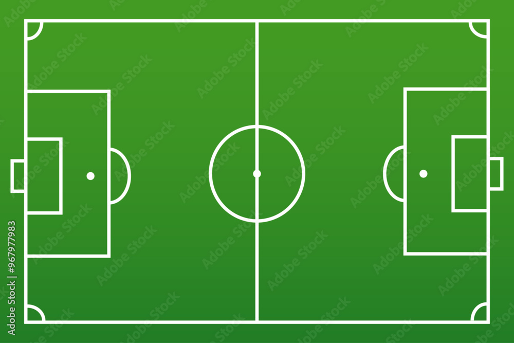 Obraz premium Soccer field vector illustration. Green grass pitch with white lines, goals, and corner markings for football games and competitions.