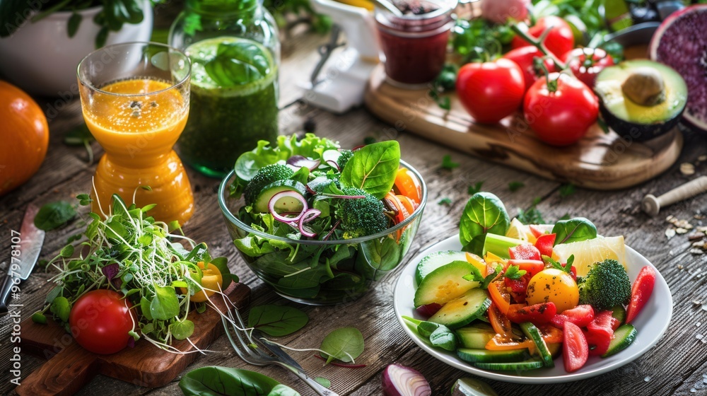 Fresh, vibrant salads, fruits, vegetables, and juices on a wooden table setting; healthy and colorful vegan food arrangement for clean eating. Fresh, vibrant salads, fruits, vegetables, and juices on a wooden table setting; healthy and colorful vegan food arrangement for clean eating.
