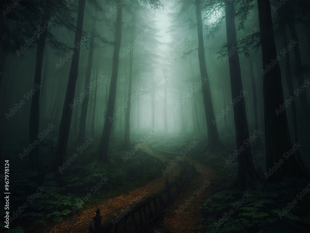 Naklejka premium Creepy misty forest with haunted vibes and spooky mist through the trees