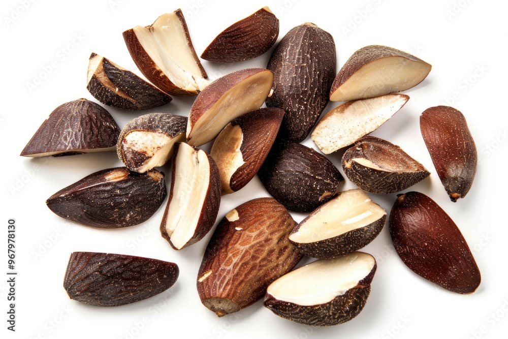 A collection of nuts placed neatly on a white surface A collection of nuts placed neatly on a white surface