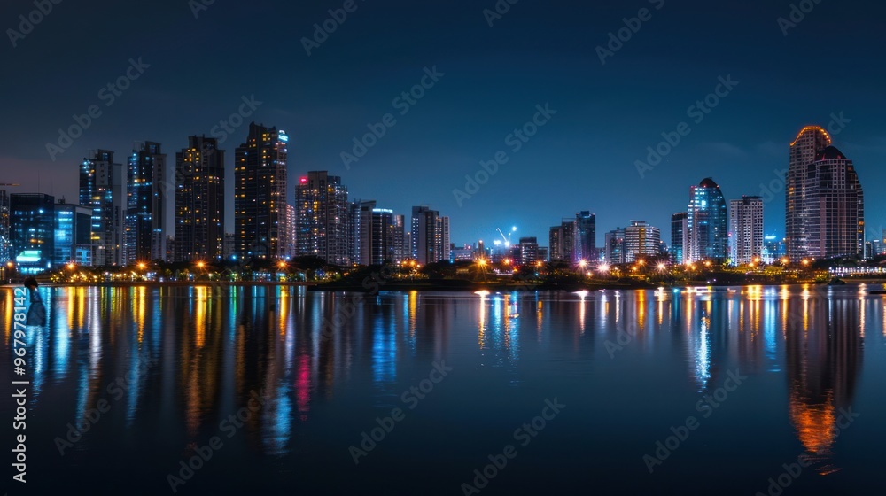 Fototapeta premium Nighttime Cityscape with Reflections on Water