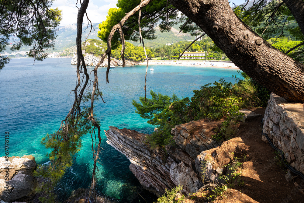 view of Milocer beach near Sveti Stefan on Budva Riviera coast in Montenegro
