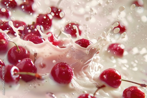 A splash of milk on top of fresh cherries, great for food or drink related concepts