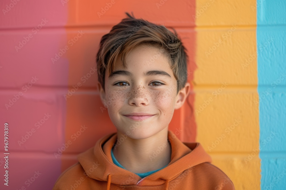 Bright day school assembly featuring cheerful student amidst colorful wall backdrop Bright day school assembly featuring cheerful student amidst colorful wall backdrop