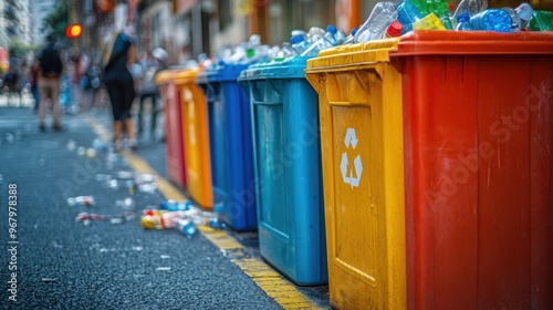 Brightly Colored Recycling Bins Lined Up On A Bustling Urban Street Scene