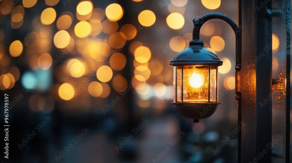A glowing lantern illuminates a blurred background of warm, ambient lights. A glowing lantern illuminates a blurred background of warm, ambient lights.