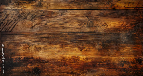 Old rustic hardwood. Ancient oak wood with handmade saw grain texture for copy space.  Three-dimensional, rich brown and golden colour. Photo banner panorama by Vita