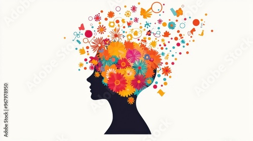 Abstract Blossoming Mind: A human head in silhouette with flowers blooming from within, symbolizing how nurturing a growth mindset leads to flourishing thoughts and ideas