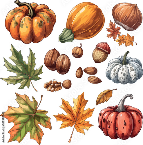 set of stickers in Autumn Fall style with pumpkins, leaves