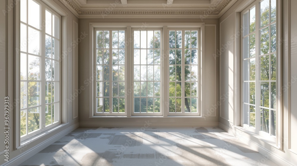 Fototapeta premium Empty room with large windows and natural light. Classic interior design with white walls and green outdoor view. Architectural and space concept for real estate
