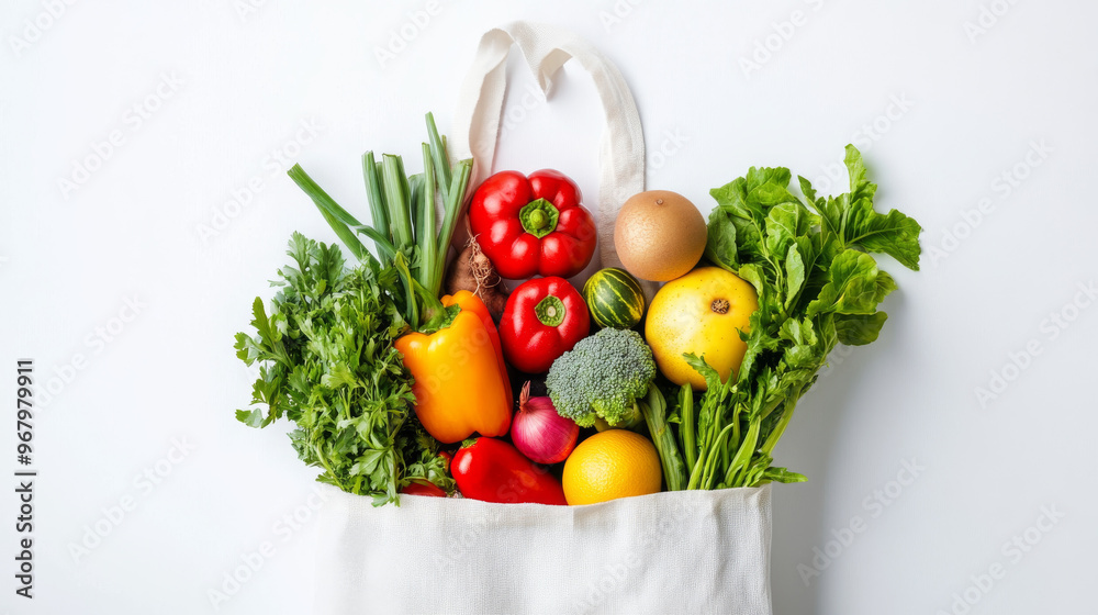 A reusable cotton bag filled with colorful fruits and vegetables sits on a white background. The bag is a good alternative to plastic bags. You can see the fresh produce from above. A reusable cotton bag filled with colorful fruits and vegetables sits on a white background. The bag is a good alternative to plastic bags. You can see the fresh produce from above.