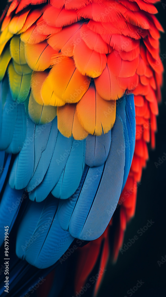 Fototapeta premium Close up of vibrant parrot feathers in red blue and yellow with intricate texture and detailed natural pattern
