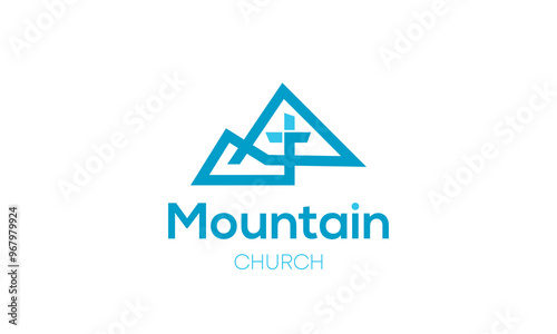 A minimal abstract icon logo of a mountain with a Cross, church	