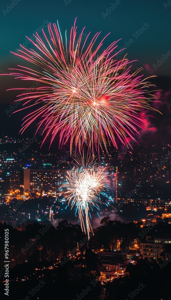 Stunning Fireworks Display Over Cityscape at Dusk Capturing Festive Celebration Stunning Fireworks Display Over Cityscape at Dusk Capturing Festive Celebration