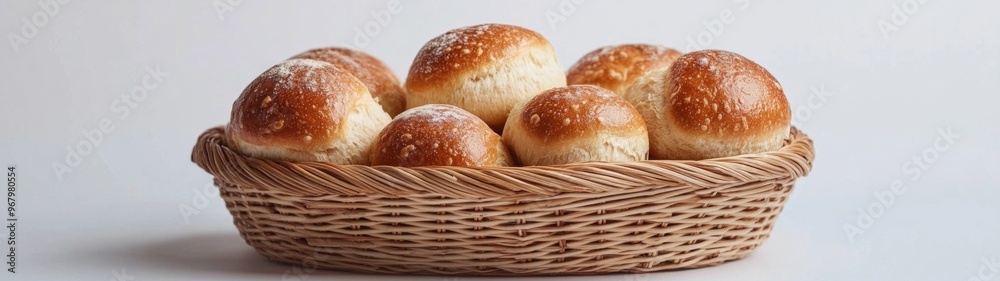 Bread Bounty, a vibrant assortment of freshly baked rolls arranged in a basket, displayed against a pristine white background, highlighting their golden crusts and inviting textures. Bread Bounty, a vibrant assortment of freshly baked rolls arranged in a basket, displayed against a pristine white background, highlighting their golden crusts and inviting textures.