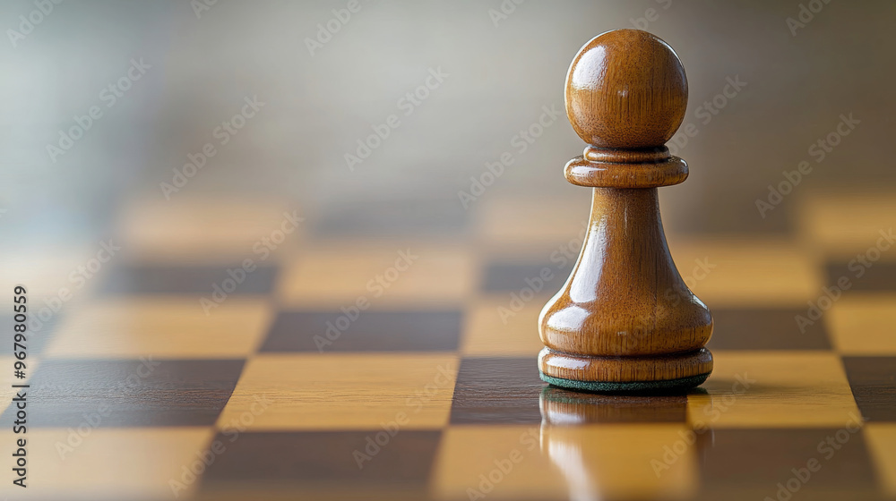 A single brown chess pawn sits alone on a chessboard. A single brown chess pawn sits alone on a chessboard.