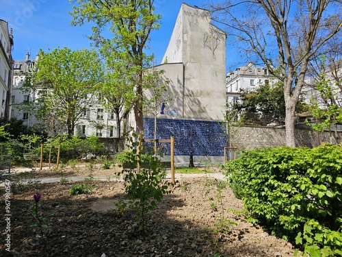 PARIS, FRANCE - April 13, 2024: Paris aerial panorama view from the steps of Sacre Coeur church at the top of Monmatre photo