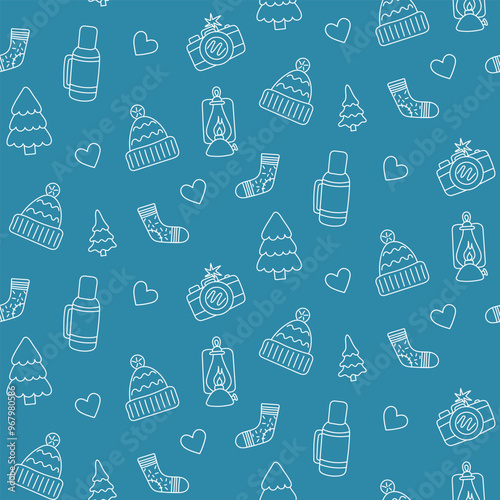 Seamless pattern doodle style with camera, Christmas tree and hat. line art Hand drawn. For textiles, clothes, backgrounds, postcards. Travel and camping concept. Vector illustration.