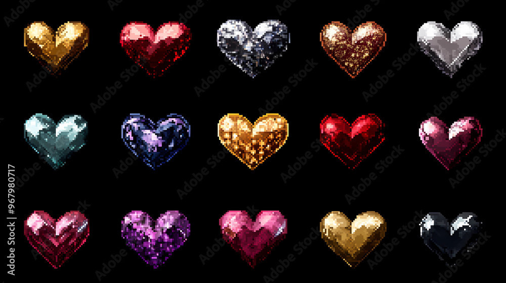 A grid of heart icons in various colors and shapes. The hearts range from metallic silver to soft pink or lavender shades, some adorned with diamonds or fur textures. black background