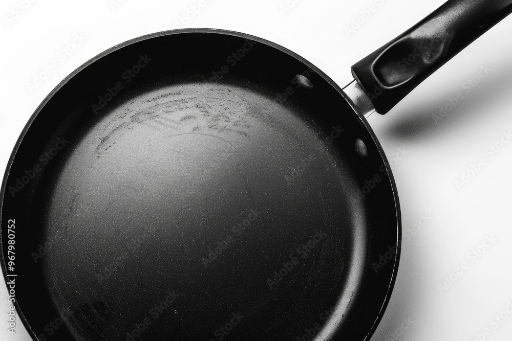 A black frying pan placed on a white surface, ready for use A black frying pan placed on a white surface, ready for use