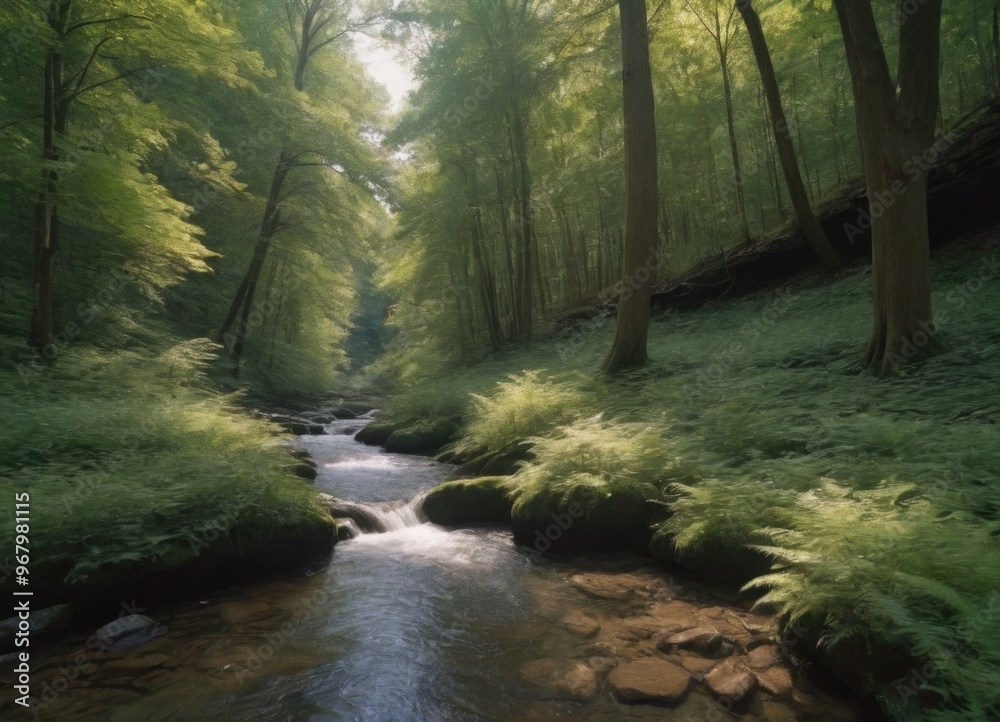 Fototapeta premium A tranquil stream gently flowing through a lush green forest, creating a peaceful atmosphere