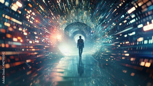 A lone figure walks through a futuristic portal.