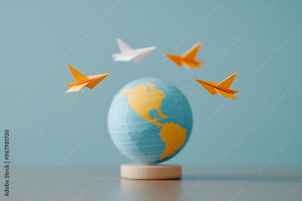 Fototapeta premium Globe with Paper Airplanes Flying Around It | Global Connectivity and International Travel Concept