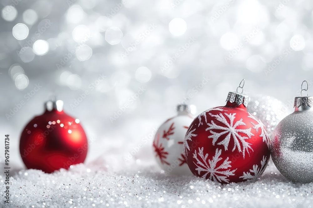 Christmas background with red and white ornaments, snow, and silver light effects, with copy space for festive design Christmas background with red and white ornaments, snow, and silver light effects, with copy space for festive design