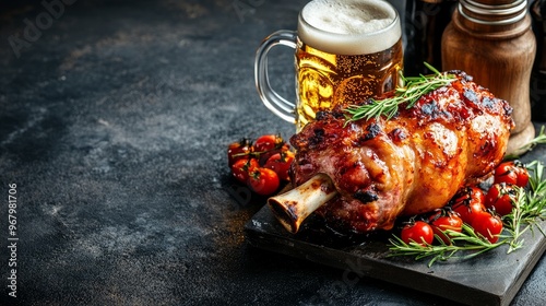 German food, Roasted pig knuckle with beer, roasted pork knuckle from Bavaria, isolated on dark background. Oktoberfest. text area, recipe, menu, banner