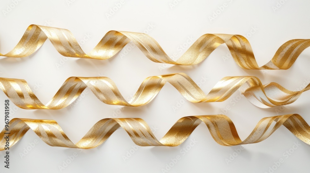Close-up shot of a shiny gold ribbon on a white background, great for design and decoration projects Close-up shot of a shiny gold ribbon on a white background, great for design and decoration projects