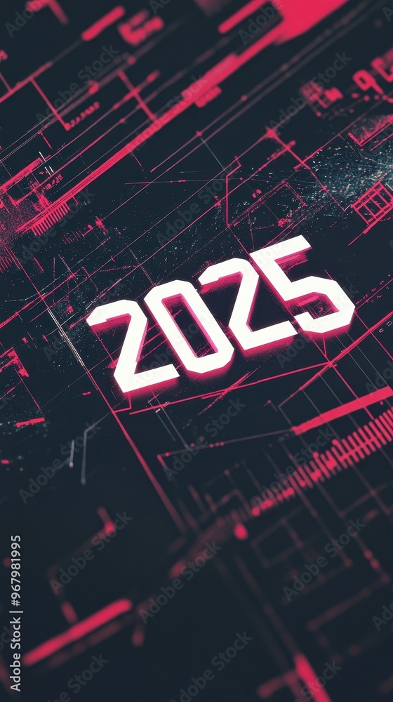 Fototapeta premium A futuristic design showcases the year 2025 in bold white letters on a dark background, accented with vibrant red lines and technical elements