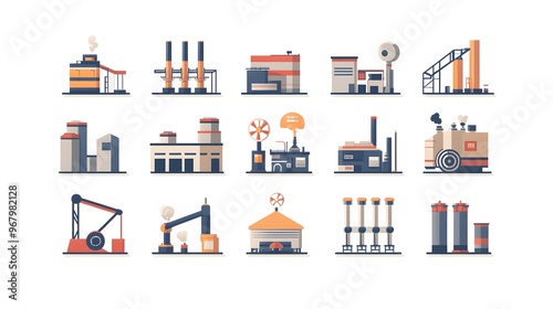 Collection of Flat Industrial Buildings with Chimneys, Smoke, and Machines