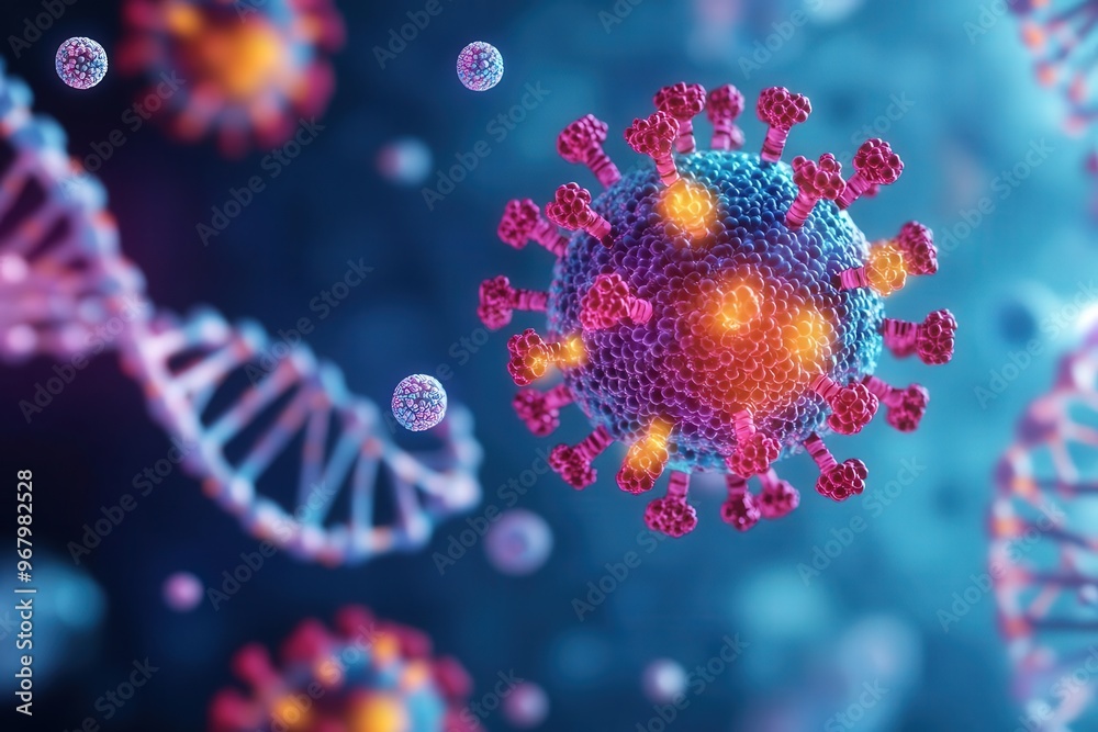 Detailed illustration of a virus with DNA strands, showcasing vibrant colors and intricate structures, symbolizing microbial research. Detailed illustration of a virus with DNA strands, showcasing vibrant colors and intricate structures, symbolizing microbial research.
