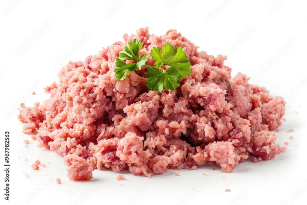 Freshly prepared ground meat served with a sprig of parsley, perfect for culinary use Freshly prepared ground meat served with a sprig of parsley, perfect for culinary use