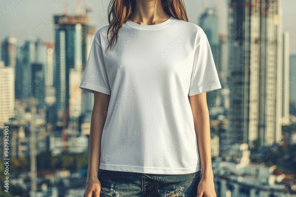 T-shirt worn by a model in an urban street wear style created with Generative AI T-shirt worn by a model in an urban street wear style created with Generative AI