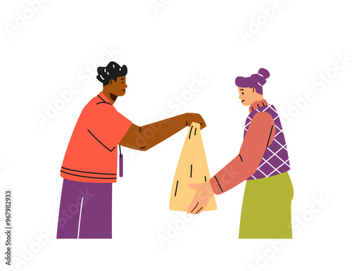 Vector illustration of a food exchange: a volunteer handing a bag of groceries to a girl,