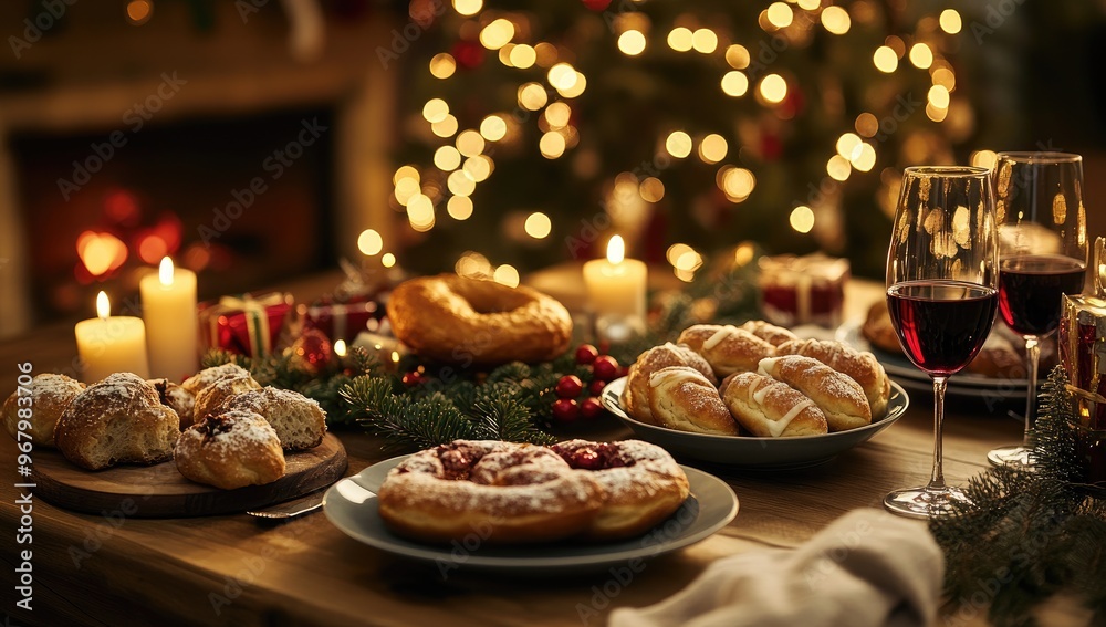 Christmas dinner table with doughnuts, bread, wine, candles, and Christmas tree lights Christmas dinner table with doughnuts, bread, wine, candles, and Christmas tree lights